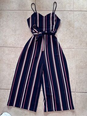 Crave Fame Woman Striped Navy Wide-Leg Jumpsuit with Tie Waist L